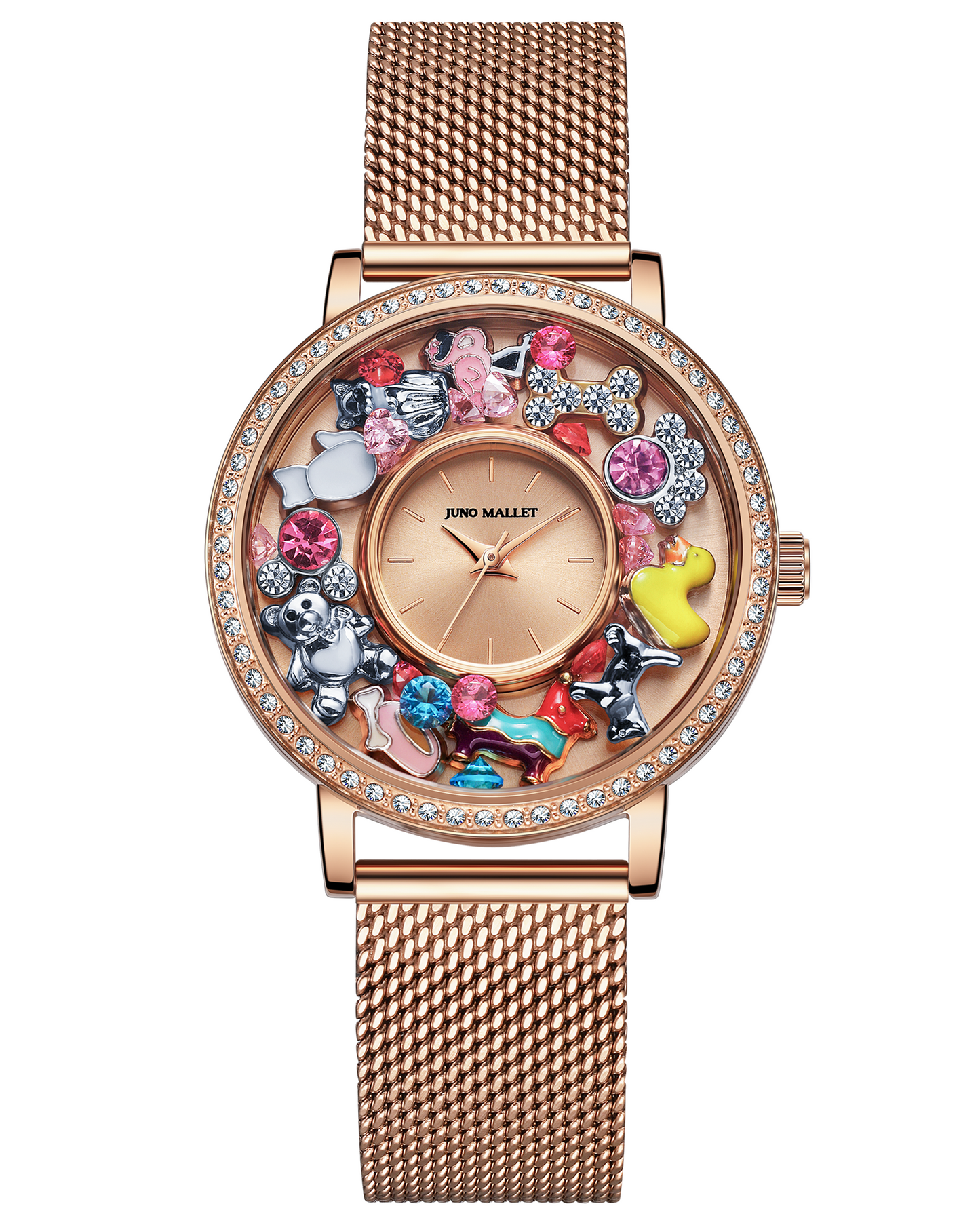 Crystal Lively Locket Watch | Rose Gold Minimalist Watch with Floating Charms | Little Pet Series