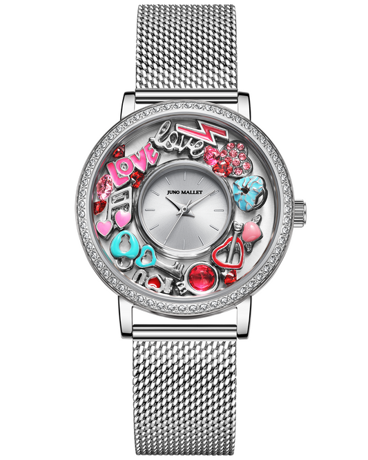 Crystal Lively Locket Watch | Ladies Silver-Tone Minimalist Watch + DIY Floating Charms | Love Series