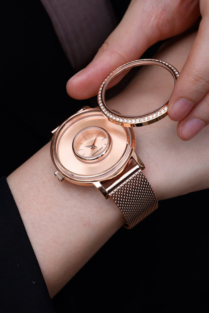 水晶活潑小盒手錶|女士玫瑰金極簡主義手錶，帶秘密挂墜盒，可存放小飾品