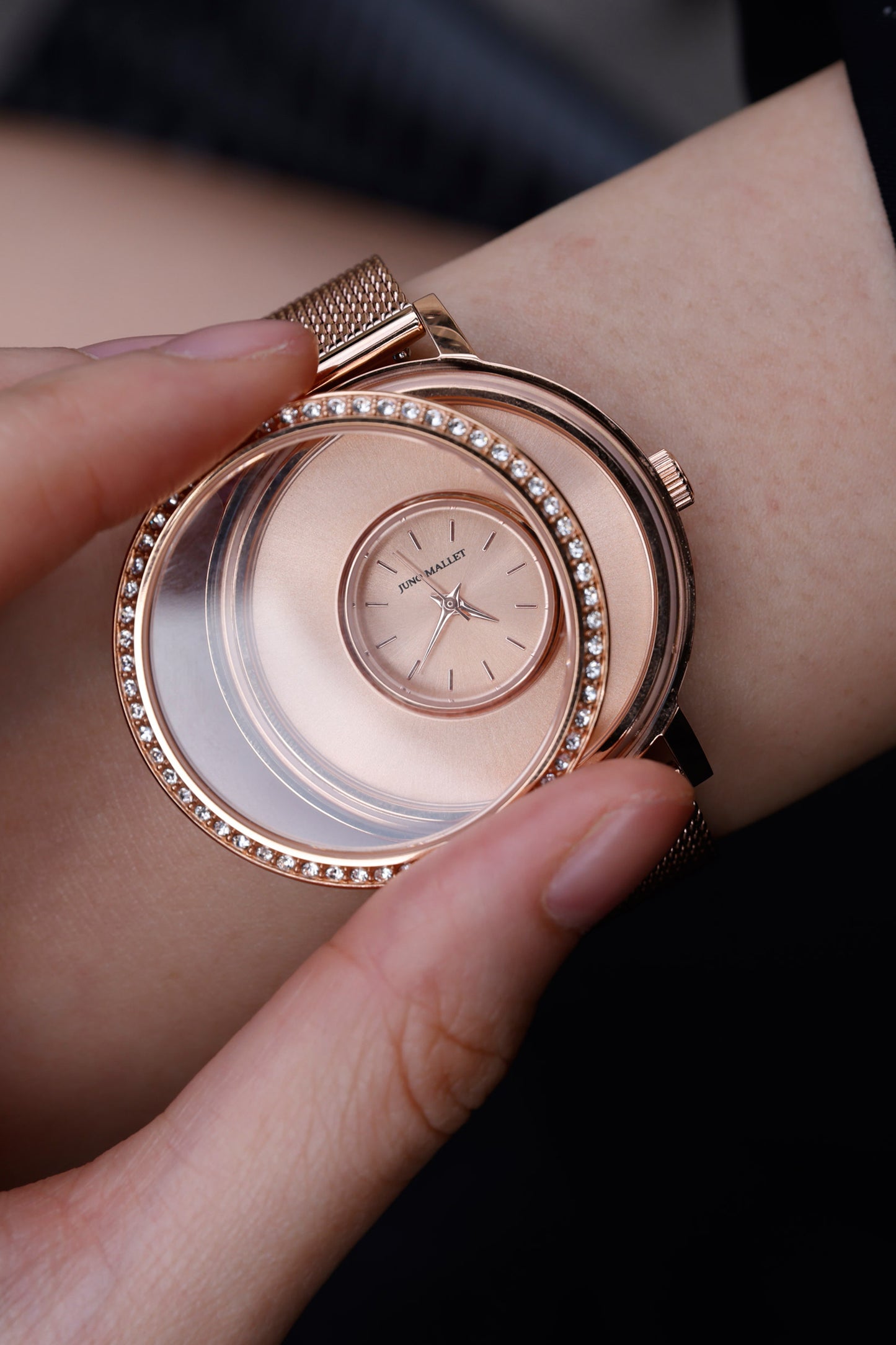 Crystal Lively Locket Watch | Rose Gold Minimalist Watch with Floating Charms | Little Pet Series