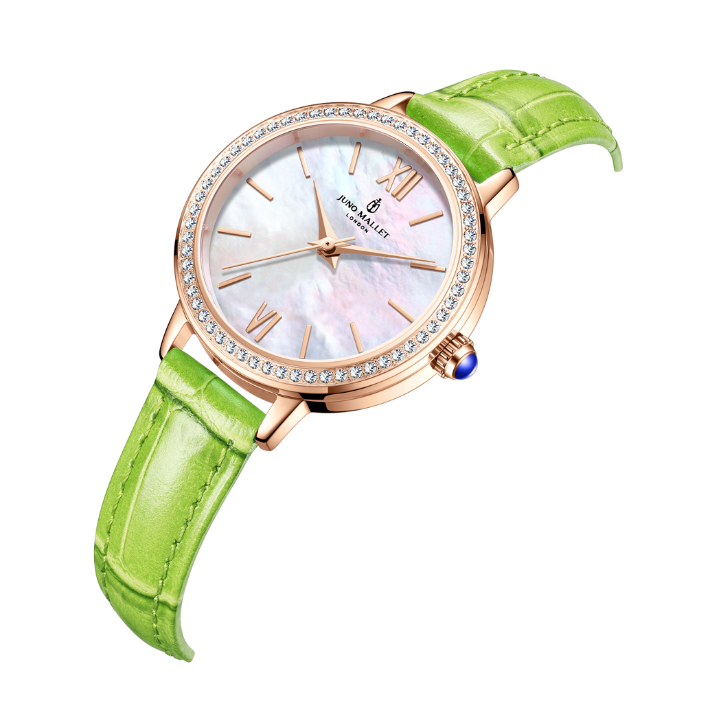 <transcy>美人魚白貝母腕錶 / 天然寶石 / 30毫米 / 水晶 / 亮綠 / 玫瑰金 / 搭配第2個錶盤</transcy>