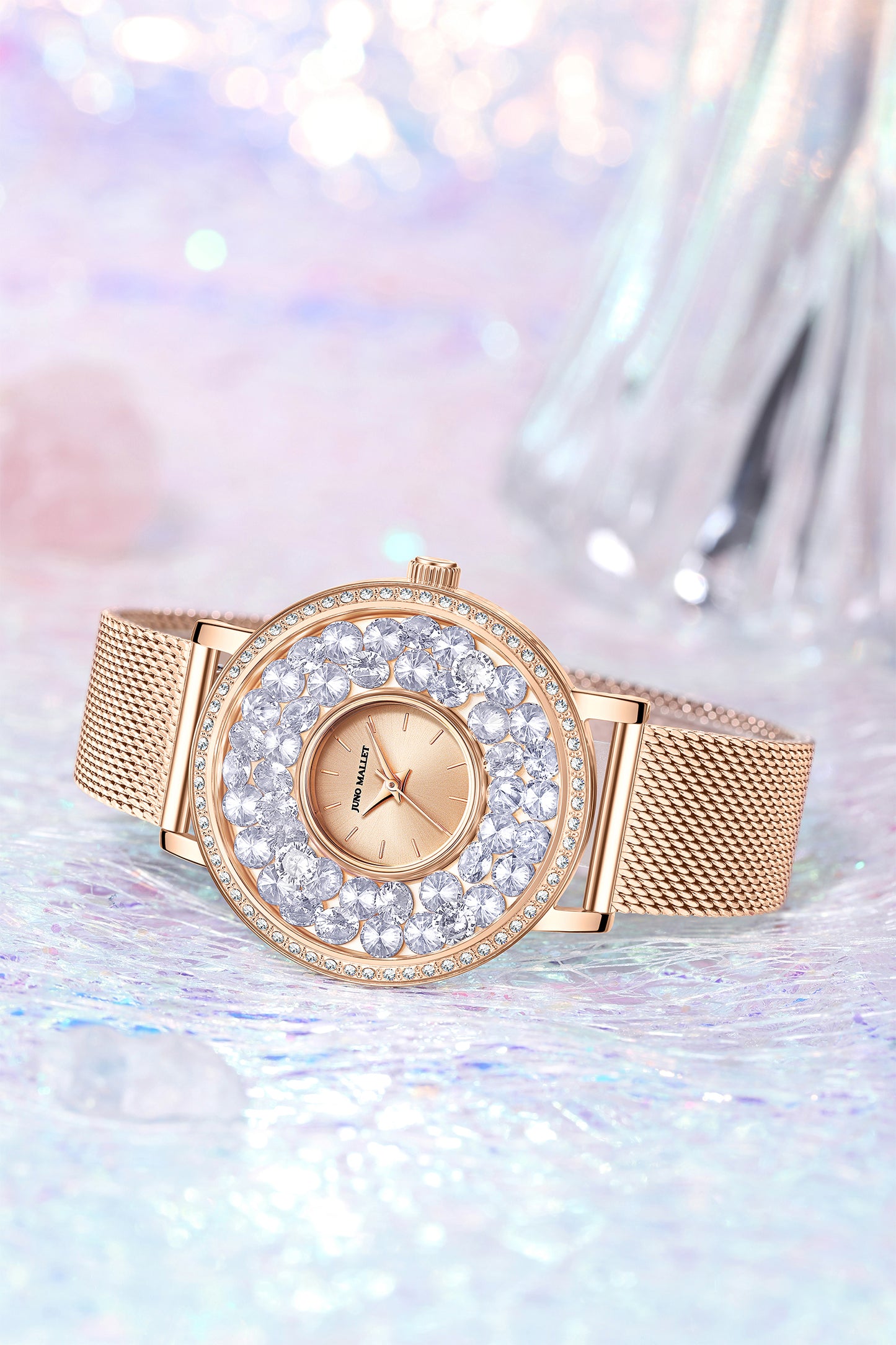 水晶活潑小盒手錶|玫瑰金極簡主義手錶帶浮動吊飾|閃閃發光的寶石