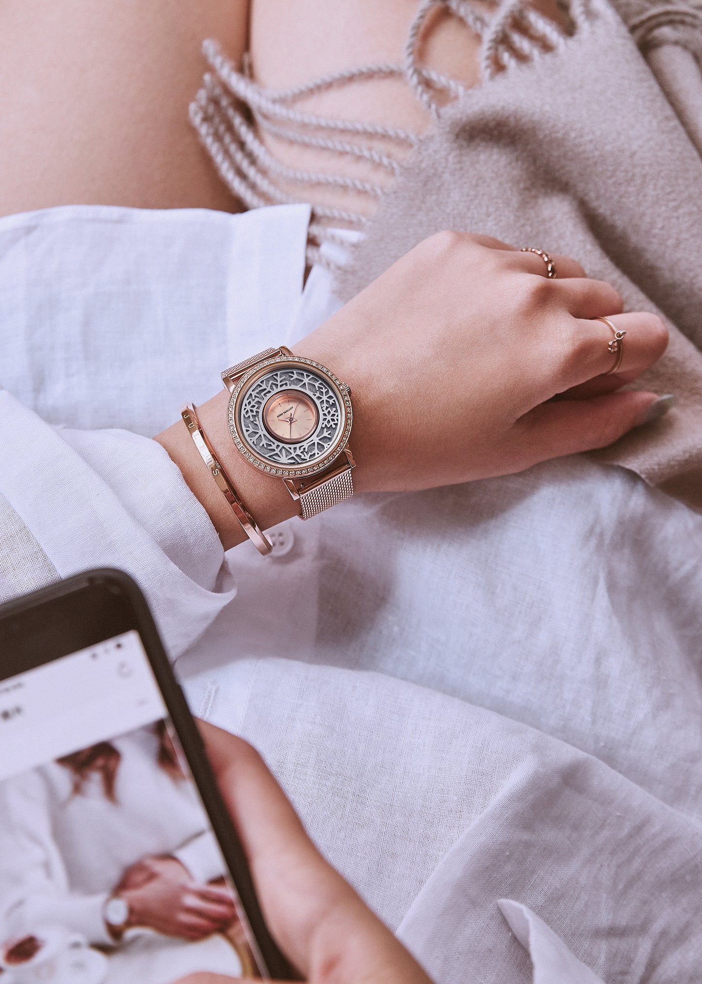 水晶活潑小盒手錶|具有藝術魅力的玫瑰金極簡主義手錶|雪銀戒指