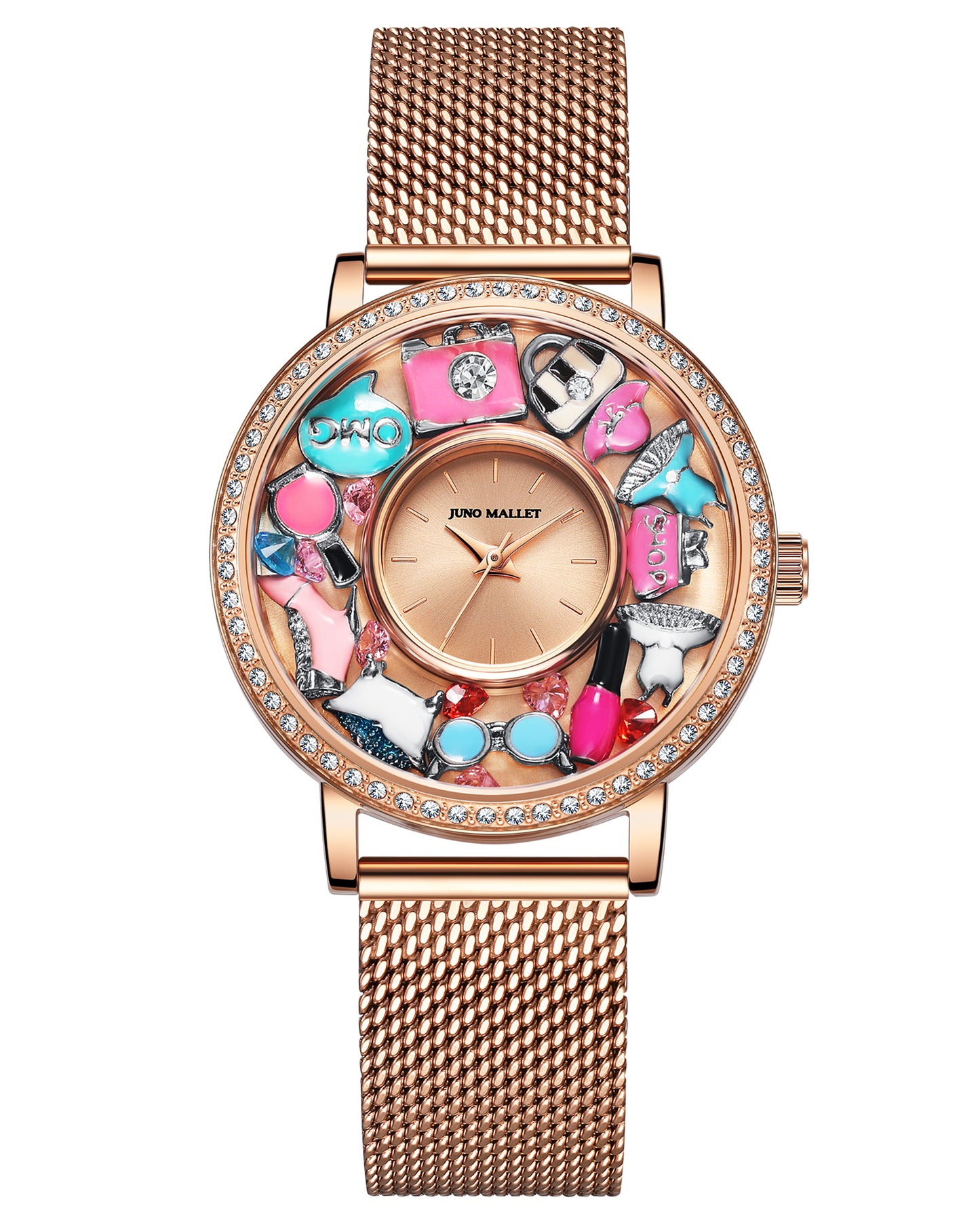 水晶活潑小盒手錶|玫瑰金極簡主義手錶帶浮動吊飾|時尚女孩
