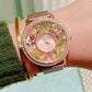 水晶活潑小盒手錶|玫瑰金極簡主義手錶帶浮動吊飾|野玫瑰