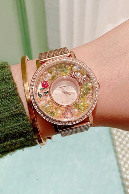 水晶活潑小盒手錶|玫瑰金極簡主義手錶帶浮動吊飾|野玫瑰